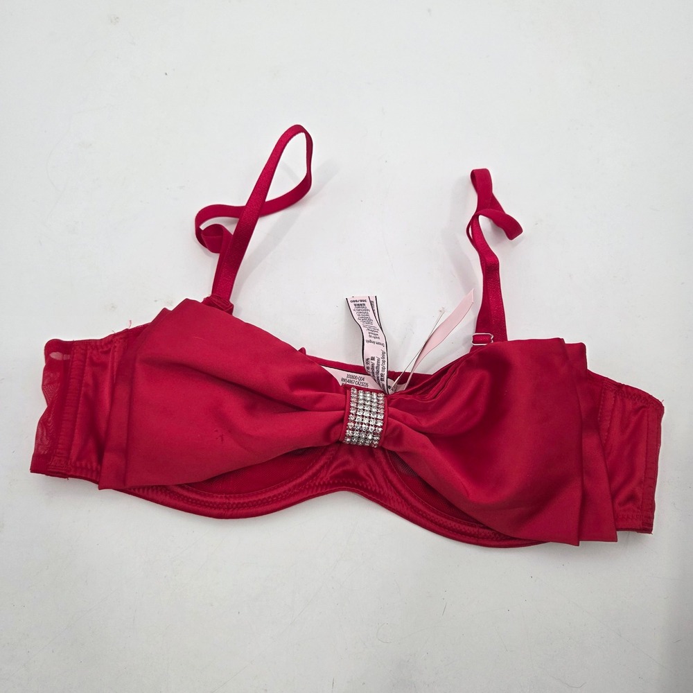 Victoria Secret Dream Angels Bra 36B Push Up Without Padding Satin Shine Red Bow